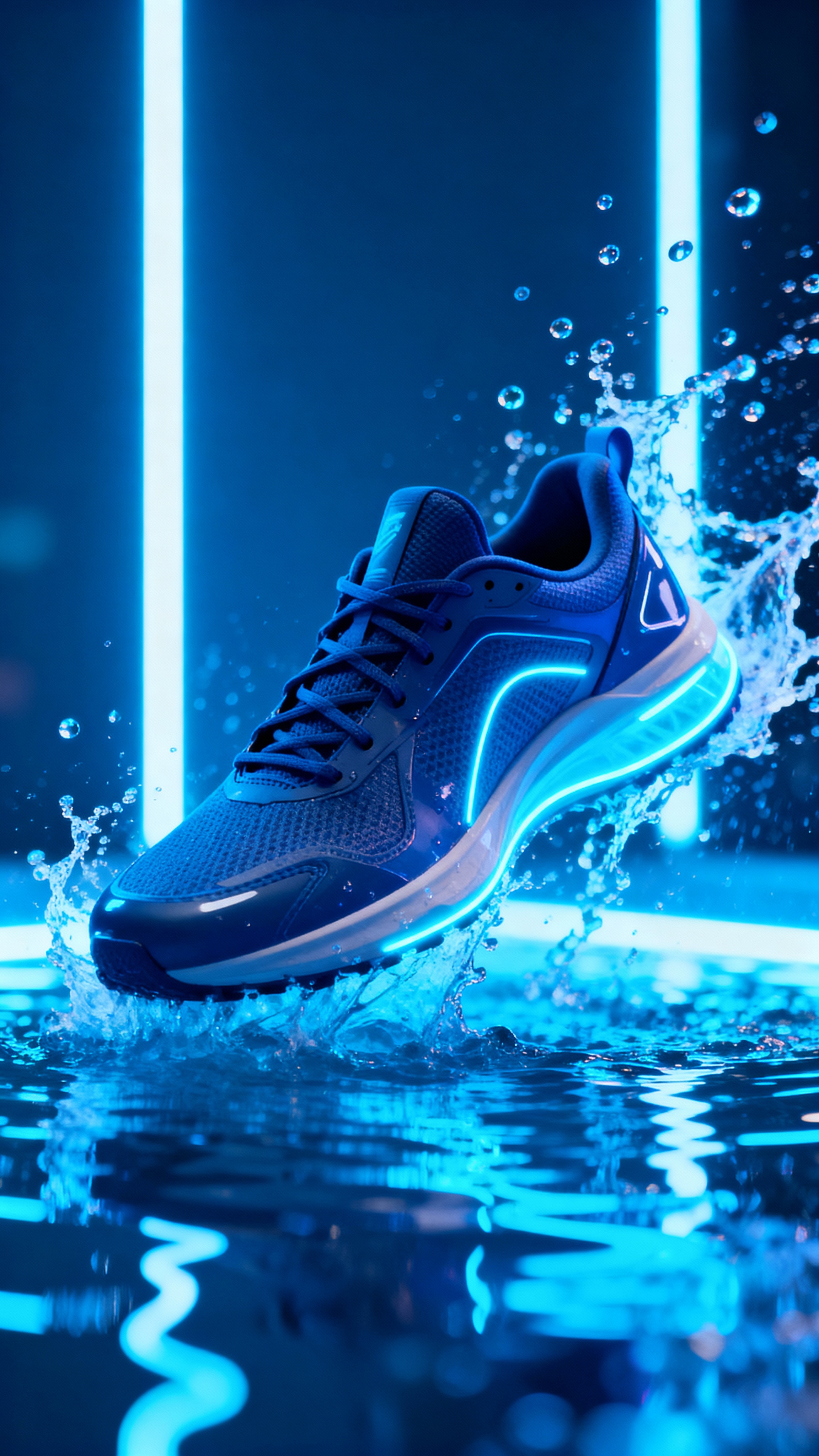 See Dream: Futuristic sneaker ad in neon blue environment wit...