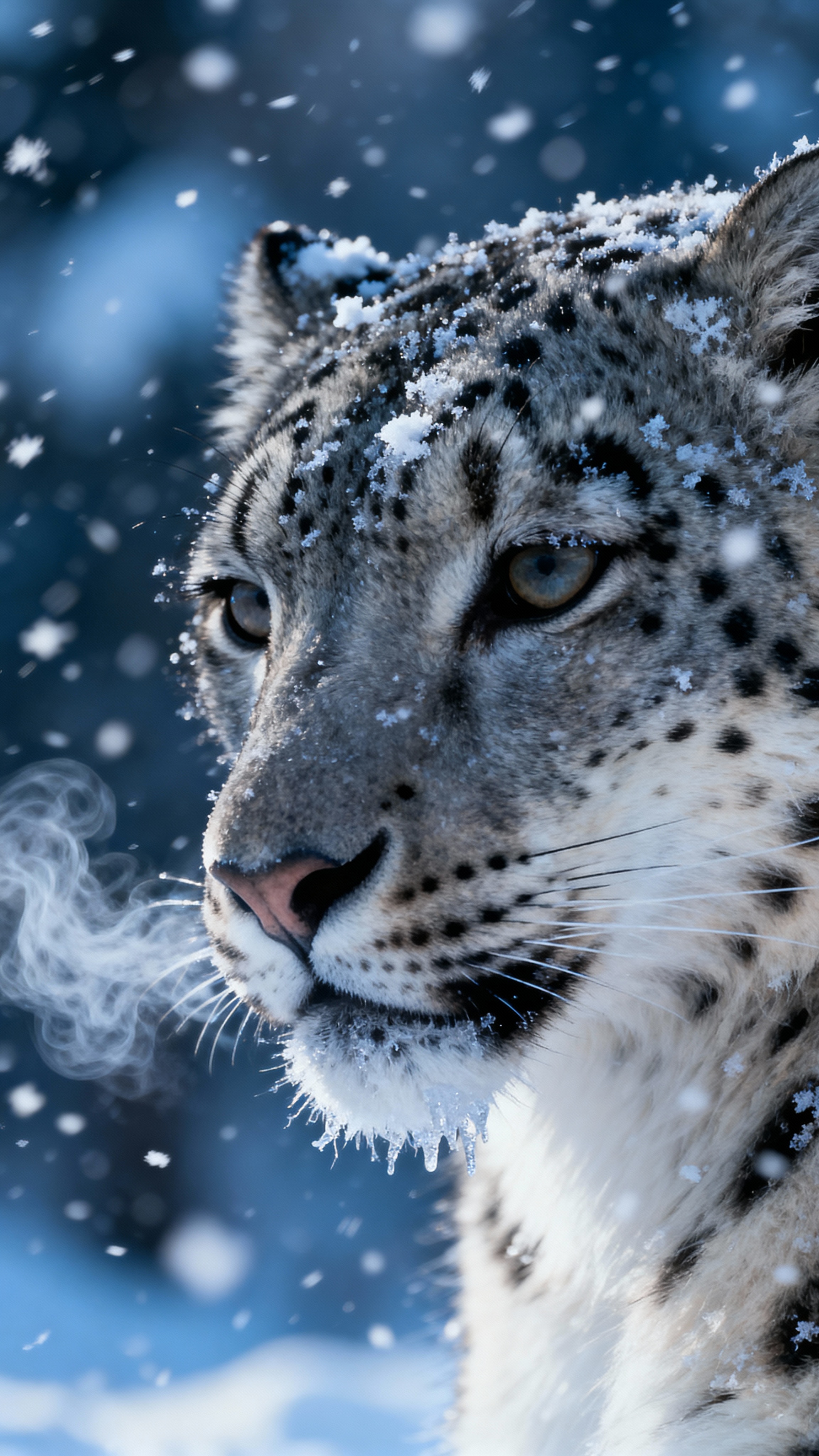See Dream: Close-up portrait of a snow leopard in a blizzard,...