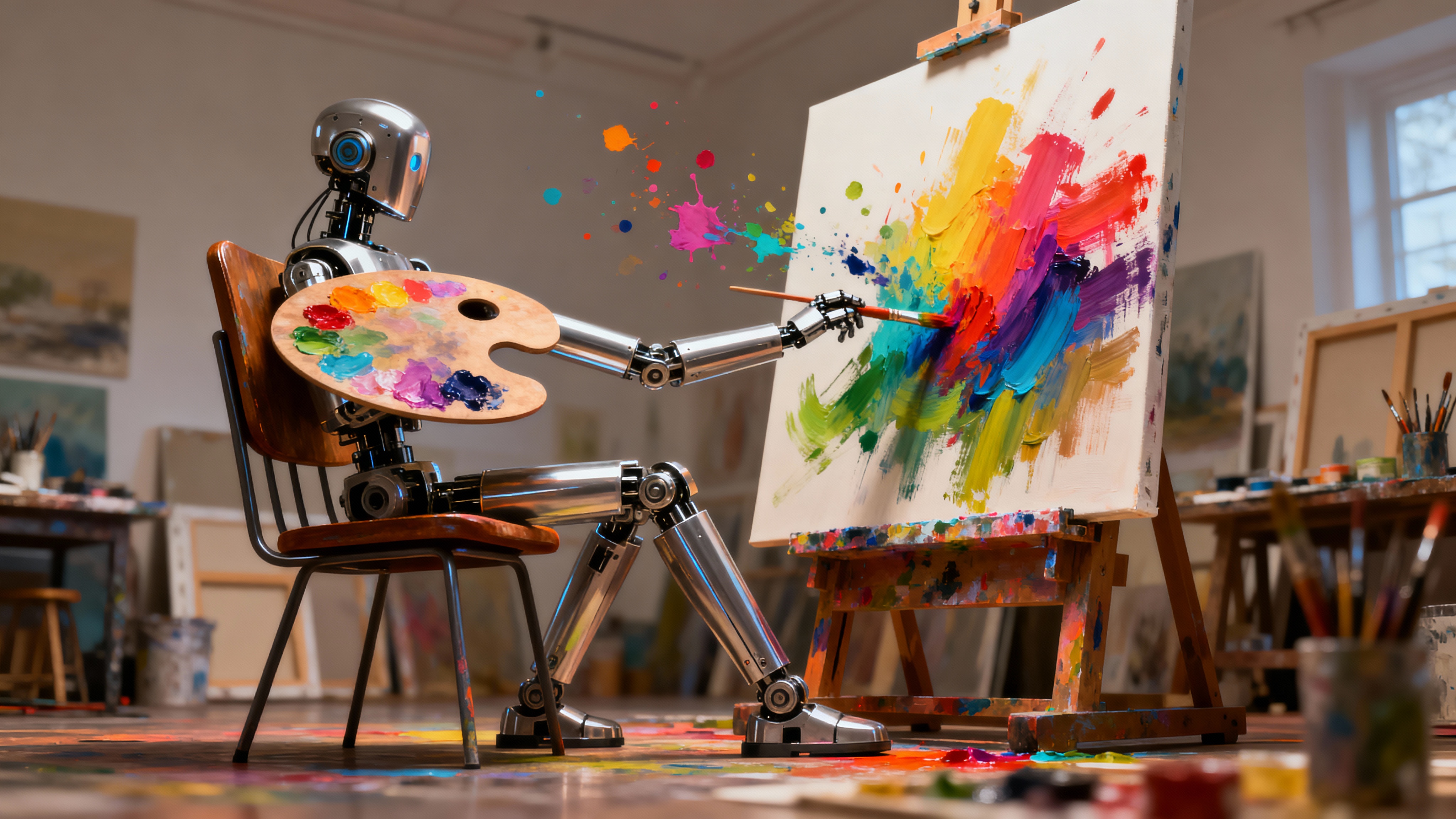 See Dream: A robot-like chair painting a canvas, splashes of ...