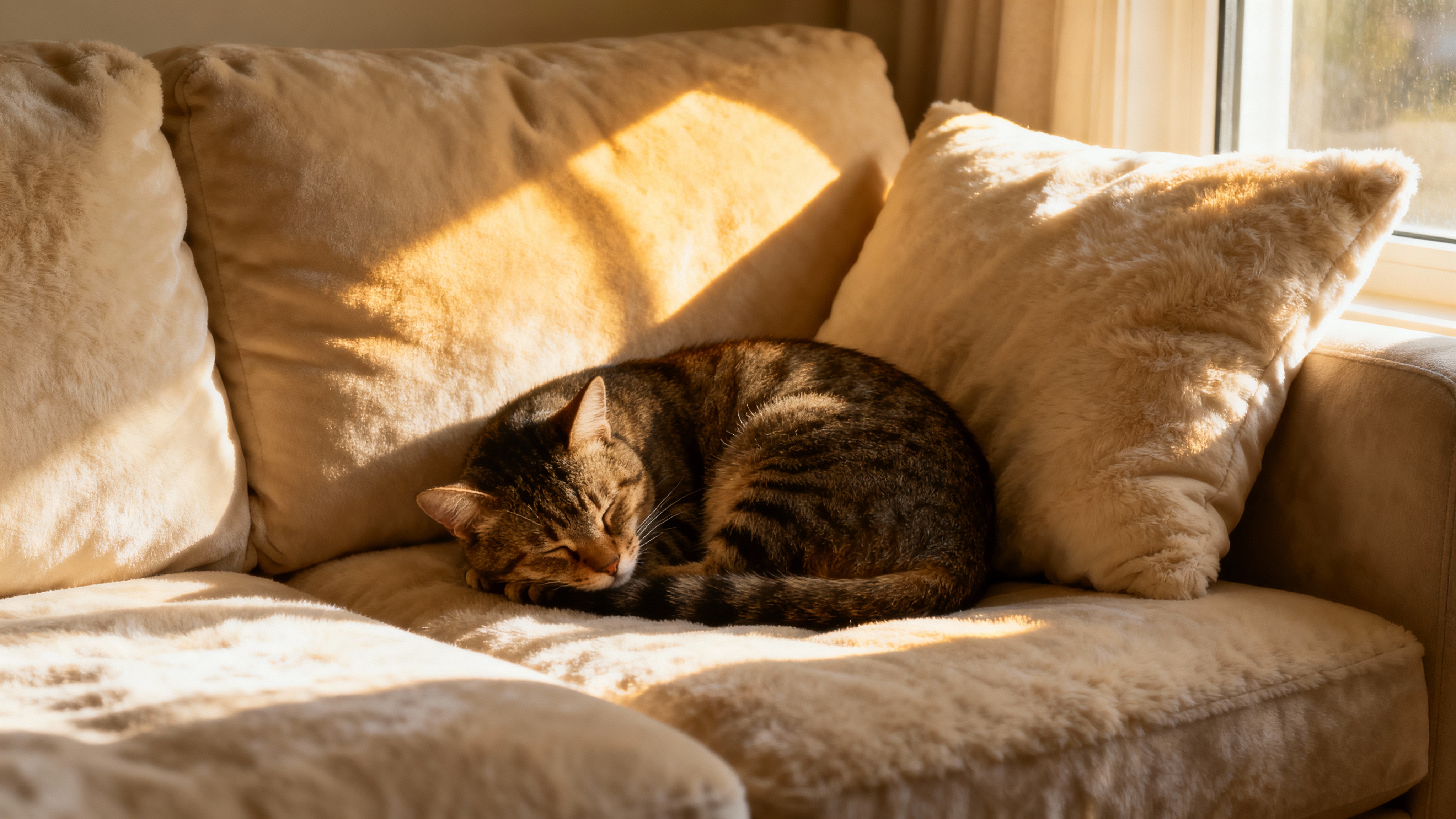 See Dream: A cozy sofa with a sleeping cat and morning sunlig...
