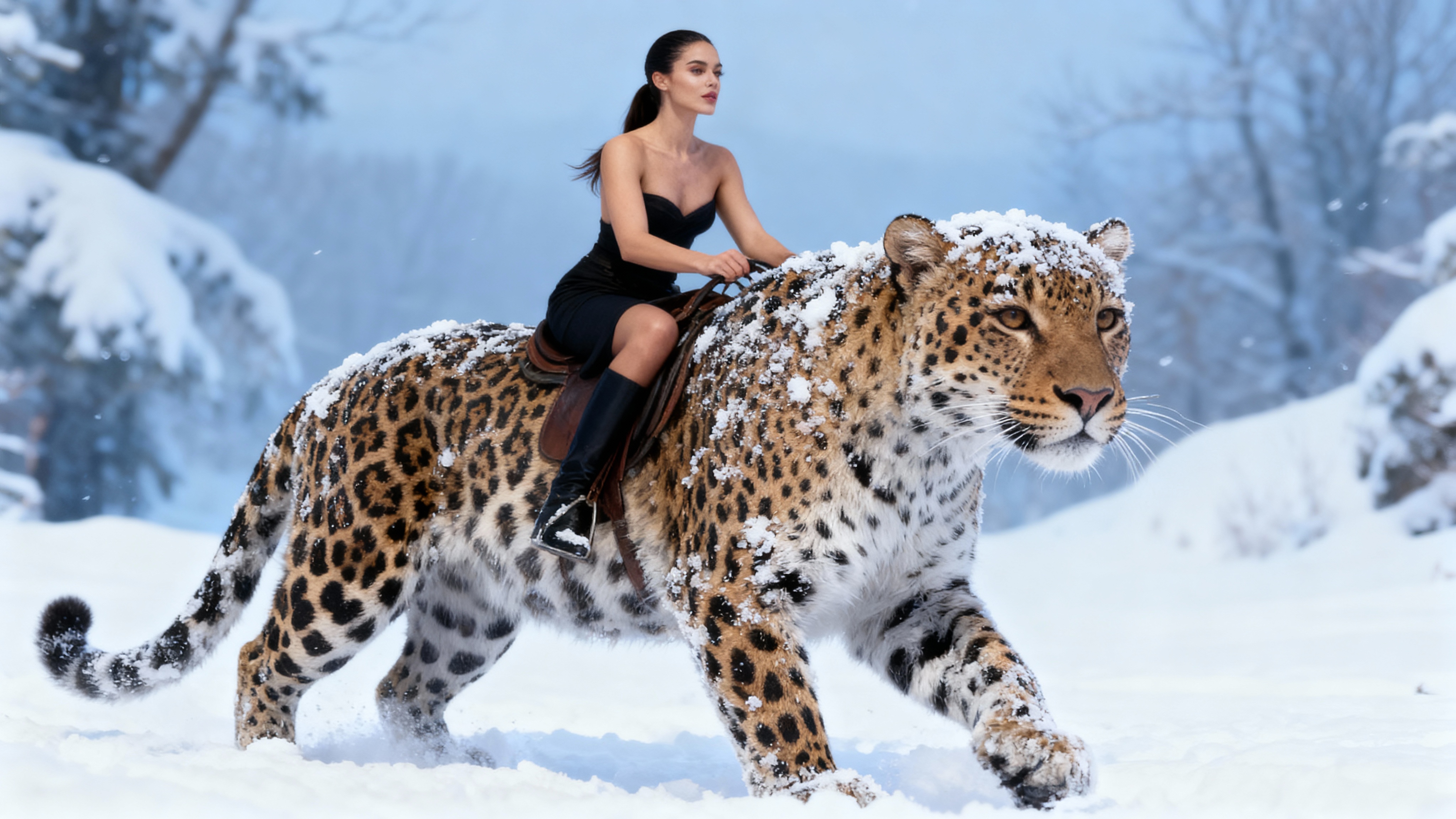See Dream: Make the girl ride the leopard in a cold snowy env...